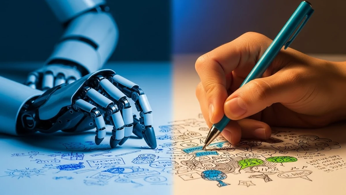 Comparing a grey robotic hand typing vs a colorful human hand editing notes