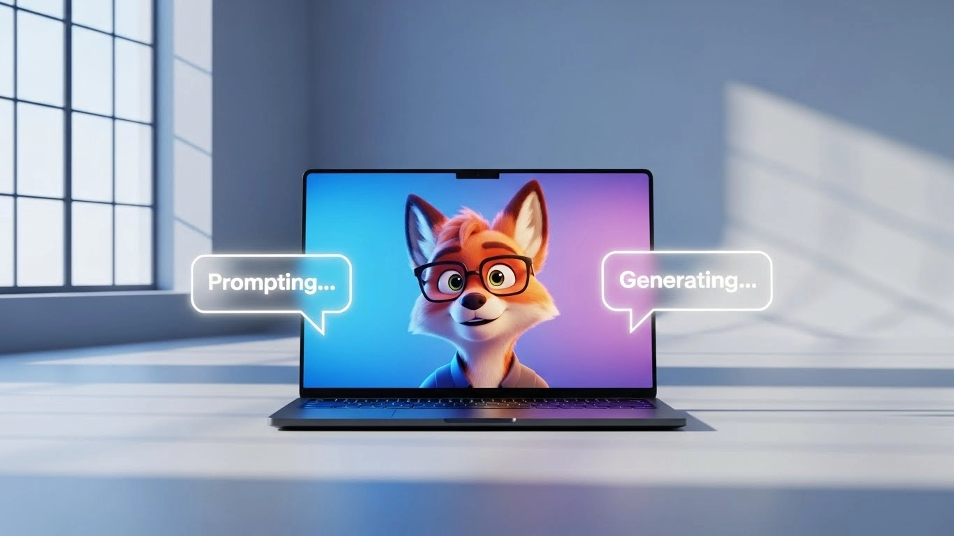 A high-tech laptop displaying an AI-generated 2D cartoon character, representing text-to-video technology