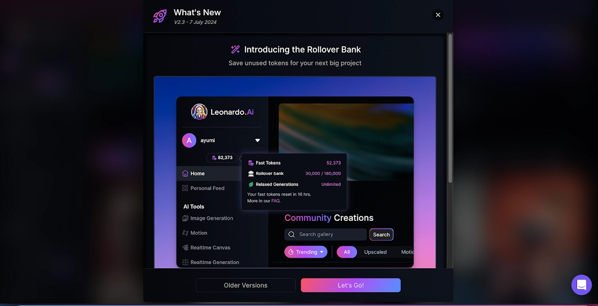 Leonardo.ai user interface showing the token counter