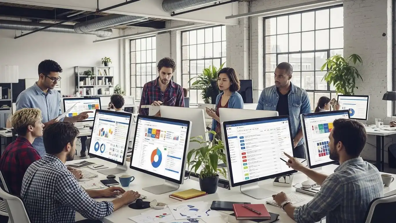 Creative team collaborating around project management software displaying visual workflow boards