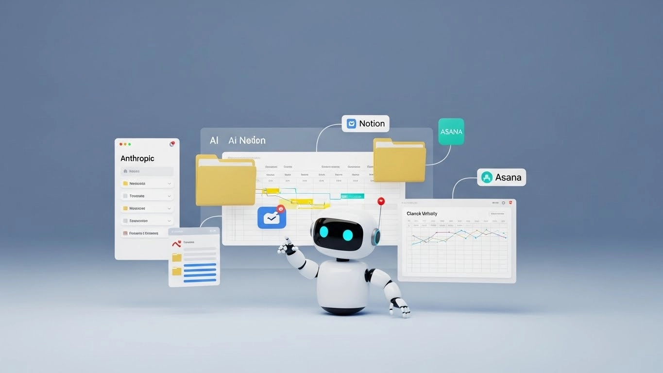: A visual representation of the Anthropic Cowork AI agent organizing desktop files, spreadsheets, and connecting to productivity apps.