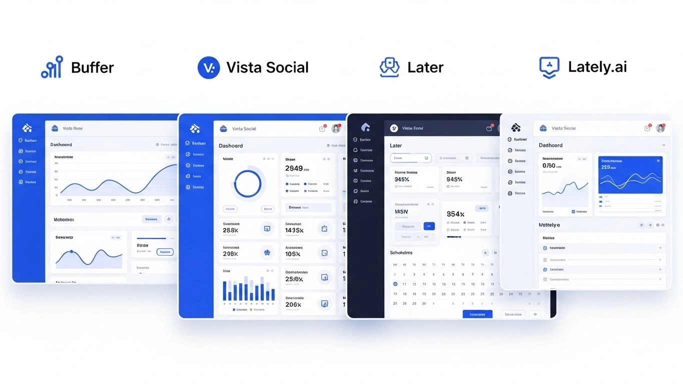 Side-by-side comparison of Buffer, Vista Social, Later, and Lately.ai social media management tool interfaces