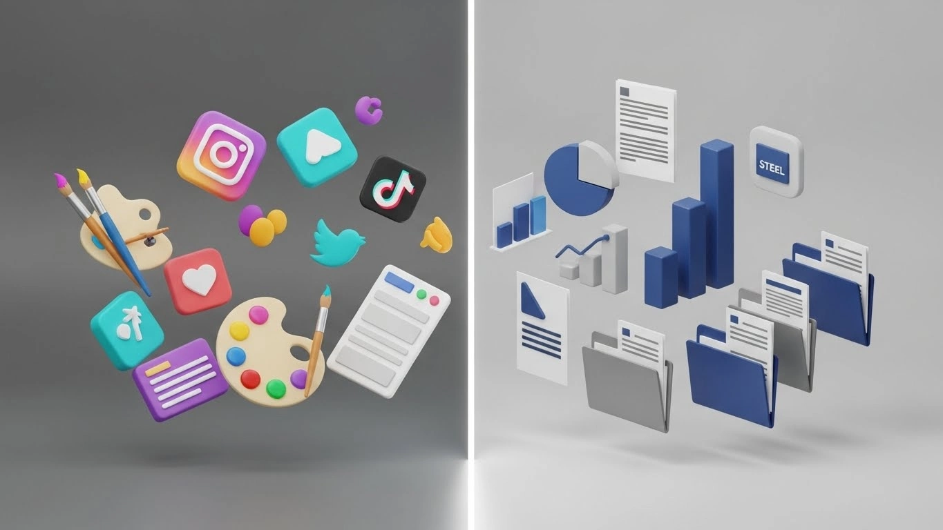 Split-screen illustration comparing Canva's creative social media tools against Visme's professional data visualization features.