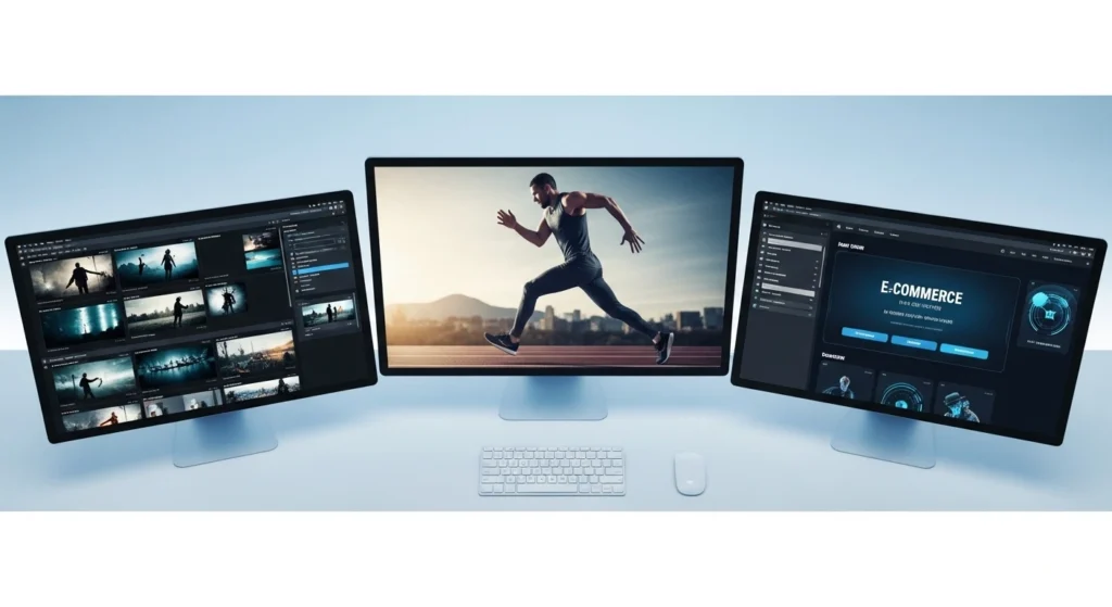 A digital creator's desk comparing Kling 3.0, Seedance 2.0, and Higgsfield AI video generation tools on multiple monitors.