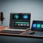 Solo content creator workspace with AI video editing tools on screen, representing a modern AI-powered production workflow.