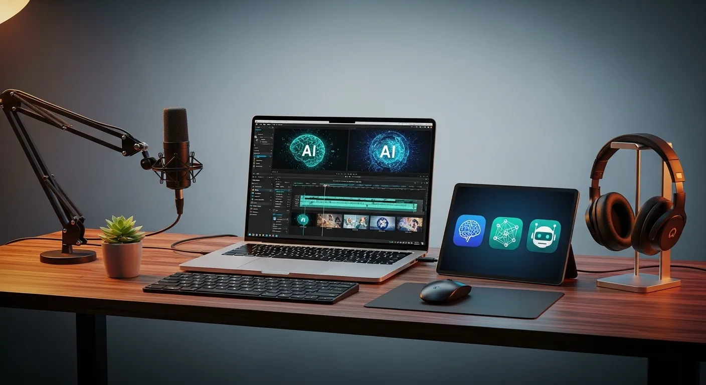 Solo content creator workspace with AI video editing tools on screen, representing a modern AI-powered production workflow.