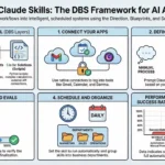 A modern laptop screen displaying a Claude Skills AI automation workflow connecting to an email and calendar app.
